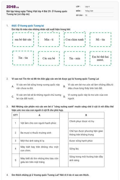 Bài tập hàng ngày Tiếng Việt lớp 4 Bài 29. Ở Vương quốc Tương lai (có đáp án)