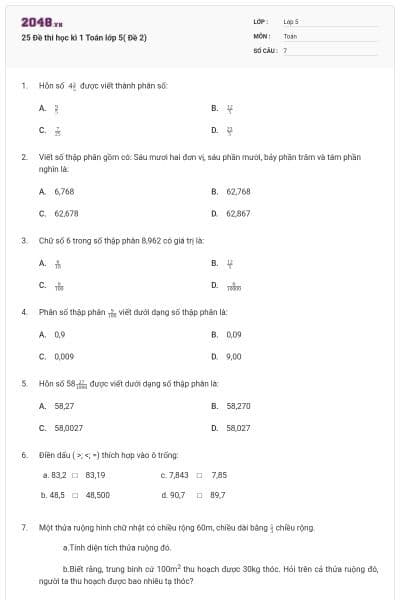 25 Đề thi học kì 1 Toán lớp 5( Đề 2)