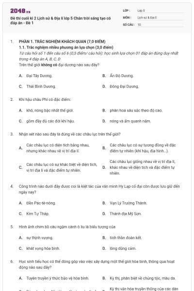 Đề thi cuối kì 2 Lịch sử & Địa lí lớp 5 Chân trời sáng tạo có đáp án - Đề 1