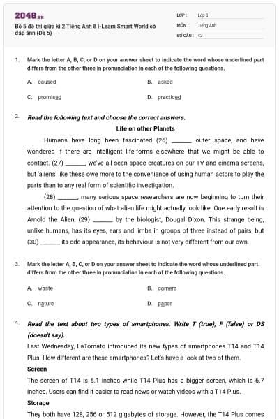 Bộ 5 đề thi giữa kì 2 Tiếng Anh 8 i-Learn Smart World có đáp ánn (Đề 5)