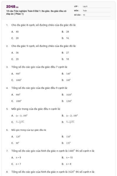 10 câu Trắc nghiệm Toán 8 Bài 1: Đa giác. Đa giác đều có đáp án ( Phần 1)
