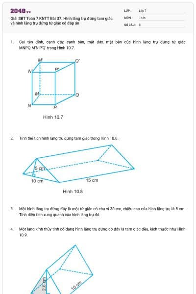 Giải SBT Toán 7 KNTT Bài 37. Hình lăng trụ đứng tam giác và hình lăng trụ đứng tứ giác có đáp án