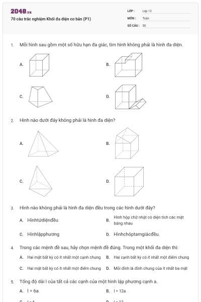 70 câu trắc nghiệm Khối đa diện cơ bản (P1)