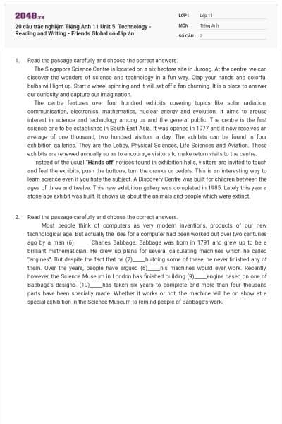 20 câu trắc nghiệm Tiếng Anh 11 Unit 5. Technology - Reading and Writing - Friends Global có đáp án