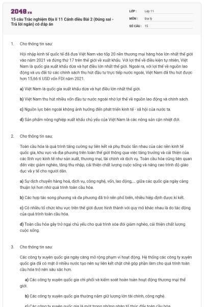 15 câu Trắc nghiệm Địa lí 11 Cánh diều Bài 2 (Đúng sai - Trả lời ngắn) có đáp án