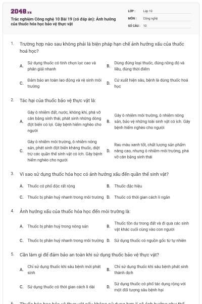Trắc nghiệm Công nghệ 10 Bài 19 (có đáp án): Ảnh hưởng của thuốc hóa học bảo vệ thực vật