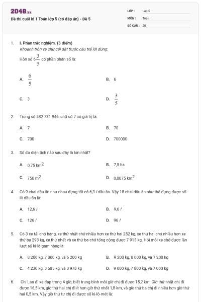 Đề thi cuối kì 1 Toán lớp 5 (có đáp án) - Đề 5