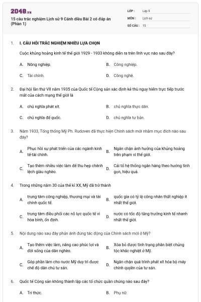 15 câu trắc nghiệm Lịch sử 9 Cánh diều Bài 2 có đáp án (Phần 1)