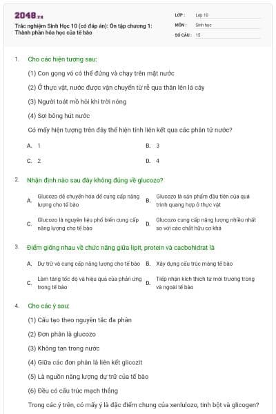 Trắc nghiệm Sinh Học 10 (có đáp án): Ôn tập chương 1: Thành phần hóa học của tế bào