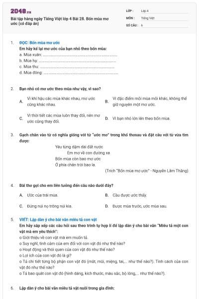 Bài tập hàng ngày Tiếng Việt lớp 4 Bài 28. Bốn mùa mơ ước (có đáp án)