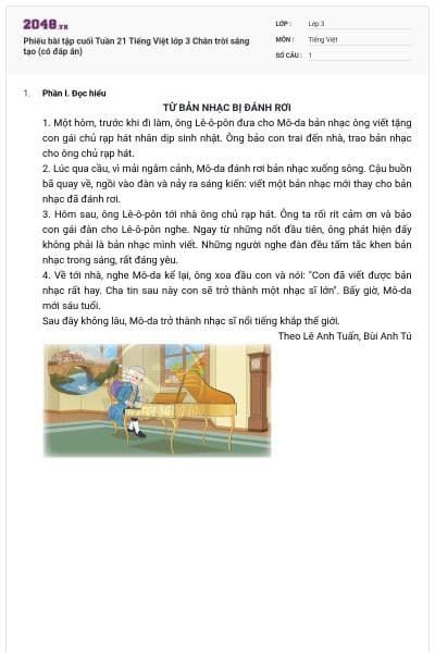Phiếu bài tập cuối Tuần 21 Tiếng Việt lớp 3 Chân trời sáng tạo (có đáp án)