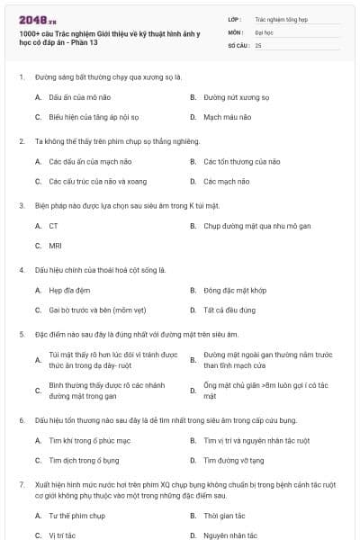 1000+ câu Trắc nghiệm Giới thiệu về kỹ thuật hình ảnh y học có đáp án - Phần 13