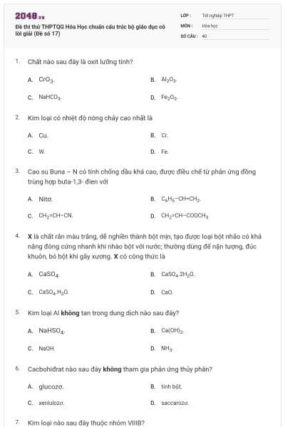 Đề thi thử THPTQG Hóa Học chuẩn cấu trúc bộ giáo dục có lời giải (Đề số 17)