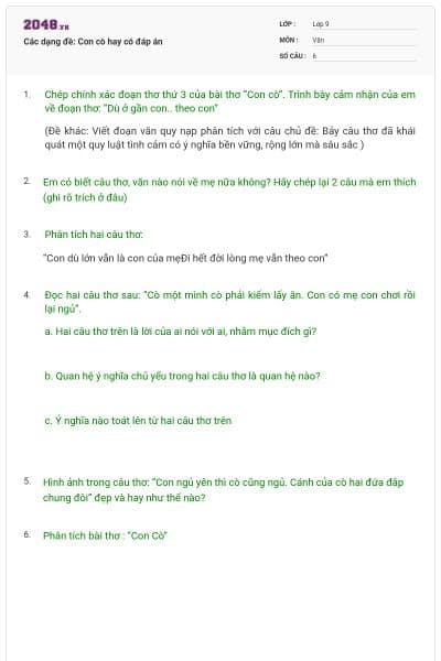 Các dạng đề: Con cò hay có đáp án