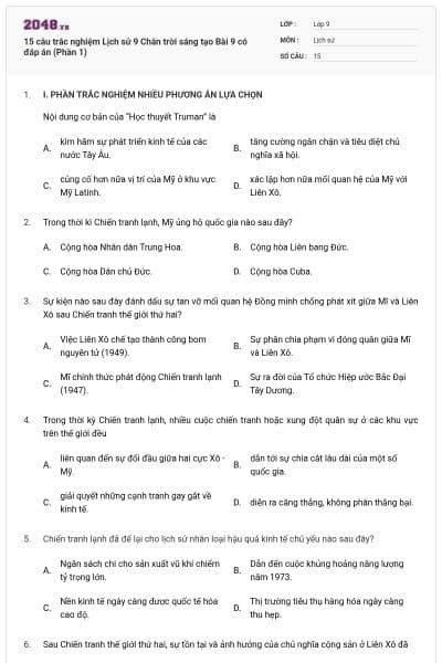 15 câu trắc nghiệm Lịch sử 9 Chân trời sáng tạo Bài 9 có đáp án (Phần 1)