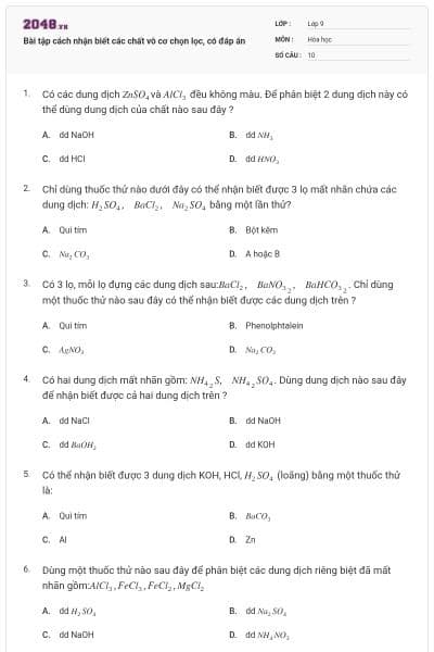 Bài tập cách nhận biết các chất vô cơ chọn lọc, có đáp án