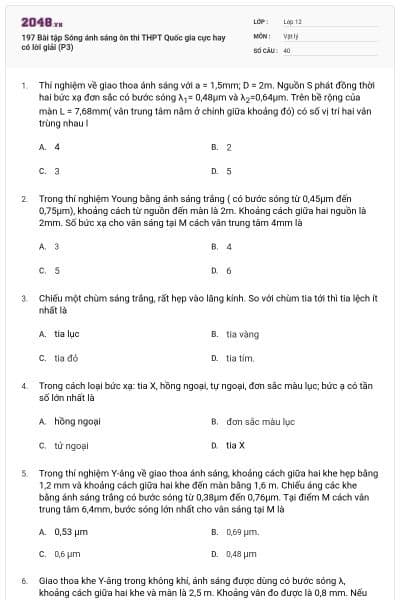 197 Bài tập Sóng ánh sáng ôn thi THPT Quốc gia cực hay có lời giải (P3)