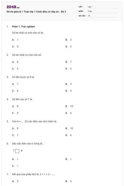 Đề thi giữa kì 1 Toán lớp 1 Cánh diều có đáp án - Đề 3