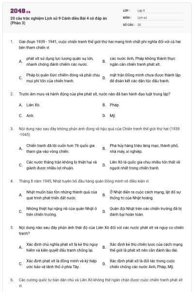20 câu trắc nghiệm Lịch sử 9 Cánh diều Bài 4 có đáp án (Phần 3)