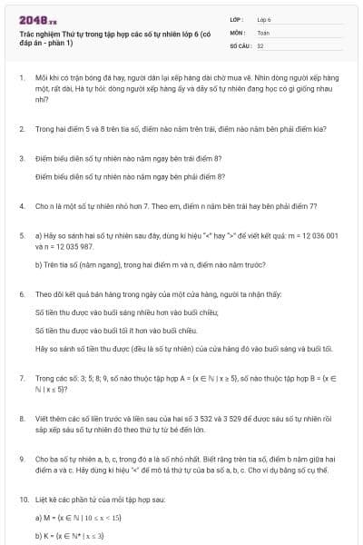 Trắc nghiệm Thứ tự trong tập hợp các số tự nhiên lớp 6 (có đáp án - phần 1)