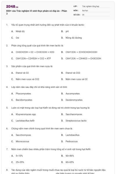 800+ câu Trắc nghiệm Vi sinh thực phẩm có đáp án - Phần 3