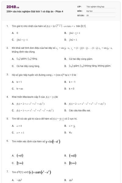 200+ câu trắc nghiệm Giải tích 1 có đáp án -  Phần 4
