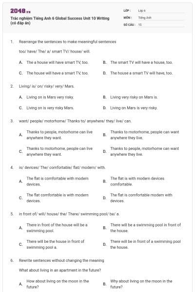 Trắc nghiệm Tiếng Anh 6 Global Success Unit 10 Writing (có đáp án)