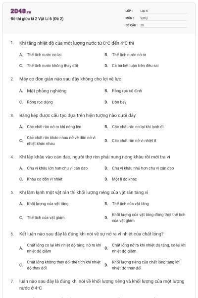 Đề thi giữa kì 2 Vật Lí 6 (Đề 2)