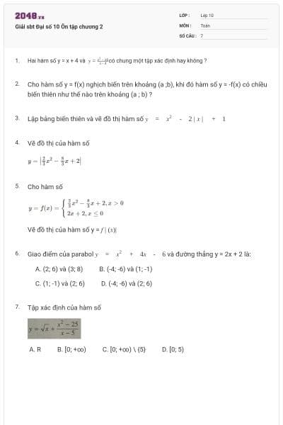 Giải sbt Đại số 10 Ôn tập chương 2