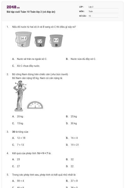 Bài tập cuối Tuần 10 Toán lớp 2 (có đáp án)