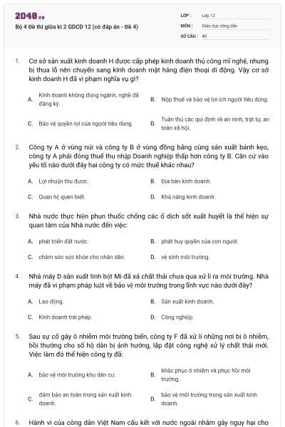 Bộ 4 Đề thi giữa kì 2 GDCD 12 (có đáp án - Đề 4)