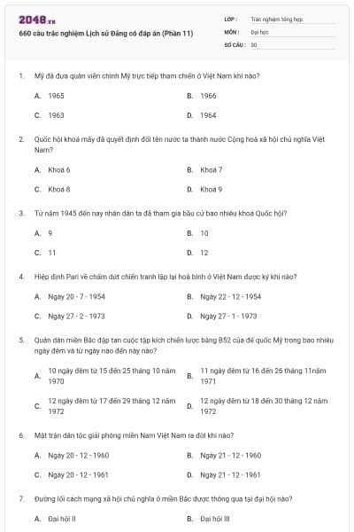660 câu trắc nghiệm Lịch sử Đảng có đáp án (Phần 11)