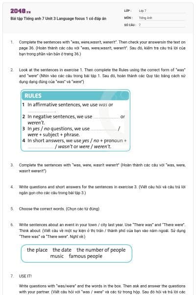 Bài tập Tiếng anh 7 Unit 3 Language focus 1 có đáp án