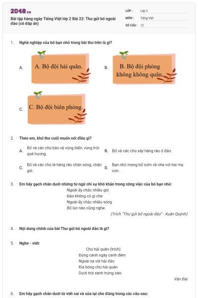 Bài tập hàng ngày Tiếng Việt lớp 2 Bài 22: Thư gửi bố ngoài đảo (có đáp án)