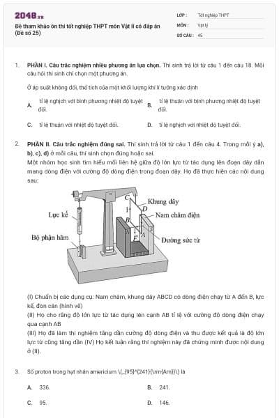 Đề tham khảo ôn thi tốt nghiệp THPT môn Vật lí có đáp án (Đề số 25)