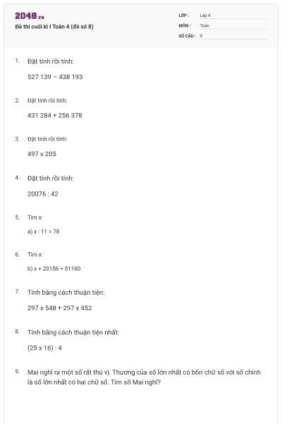 Đề thi cuối kì I Toán 4 (đề số 8)