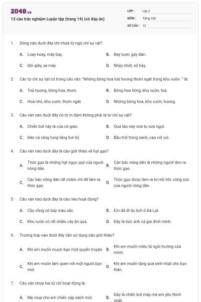 13 câu trắc nghiệm Luyện tập (trang 14) (có đáp án)