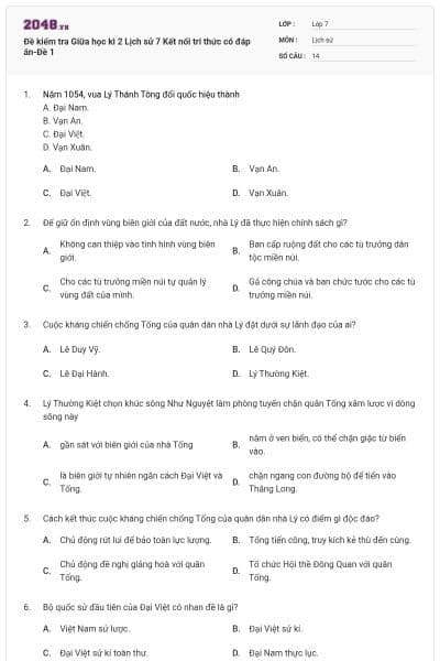 Đề kiểm tra Giữa học kì 2 Lịch sử 7 Kết nối tri thức có đáp án-Đề 1