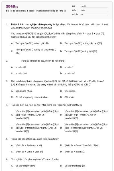 Bộ 19 đề thi Giữa kì 1 Toán 11 Cánh diều có đáp án - Đề 19