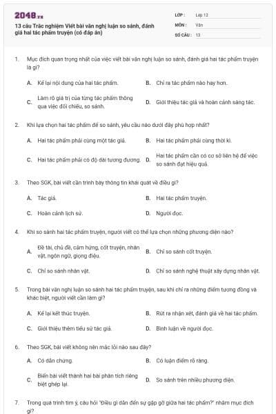 13 câu Trắc nghiệm Viết bài văn nghị luận so sánh, đánh giá hai tác phẩm truyện (có đáp án)