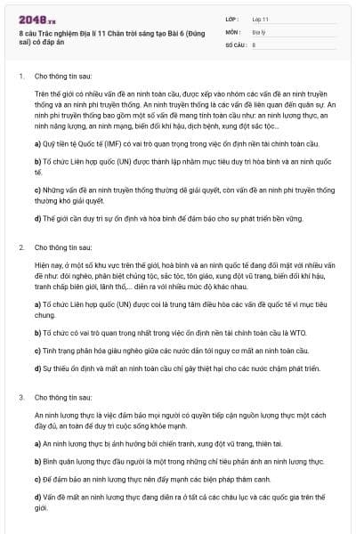 8 câu Trắc nghiệm Địa lí 11 Chân trời sáng tạo Bài 6 (Đúng sai) có đáp án