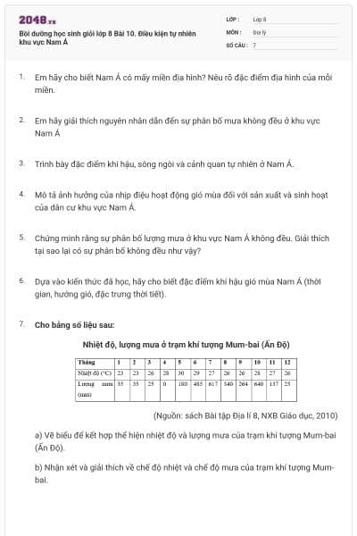 Bồi dưỡng học sinh giỏi lớp 8 Bài 10. Điều kiện tự nhiên khu vực Nam Á