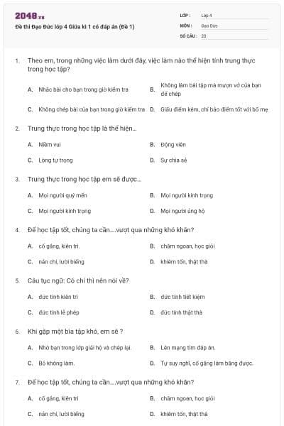 Đề thi Đạo Đức lớp 4 Giữa kì 1 có đáp án (Đề 1)
