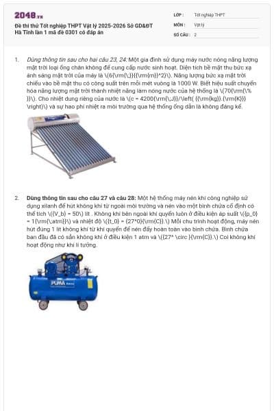 Đề thi thử Tốt nghiệp THPT Vật lý 2025-2026 Sở GD&ĐT Hà Tĩnh lần 1 mã đề 0301 có đáp án