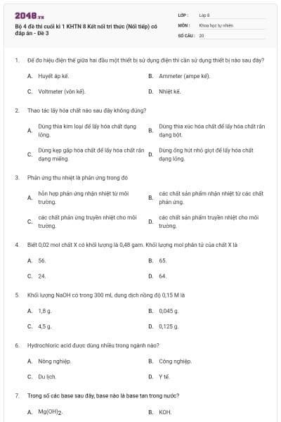 Bộ 4 đề thi cuối kì 1 KHTN 8 Kết nối tri thức (Nối tiếp) có đáp án - Đề 3