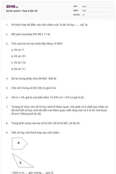 Đề thi cuối kì 1 Toán 4 (Đề 16)