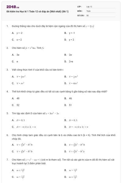 Đề kiểm tra Học kì 1 Toán 12 có đáp án (Mới nhất) (Đề 1)