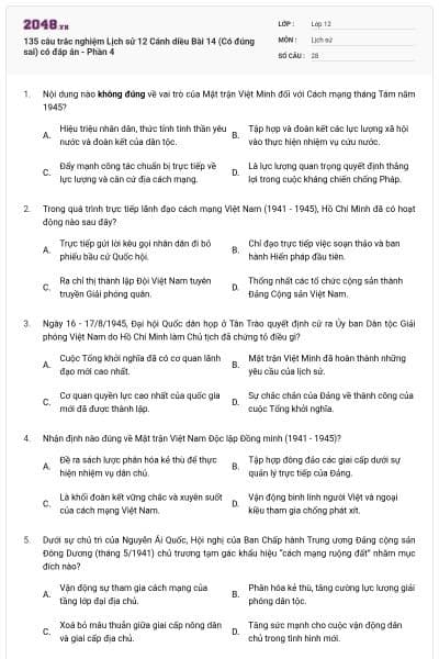 135 câu trắc nghiệm Lịch sử 12 Cánh diều Bài 14 (Có đúng sai) có đáp án - Phần 4