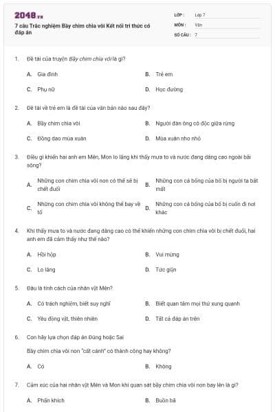 7 câu Trắc nghiệm Bầy chim chìa vôi Kết nối tri thức có đáp án