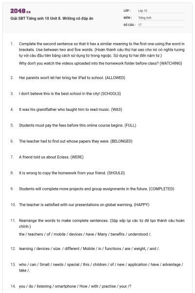 Giải SBT Tiếng anh 10 Unit 8. Writing có đáp án